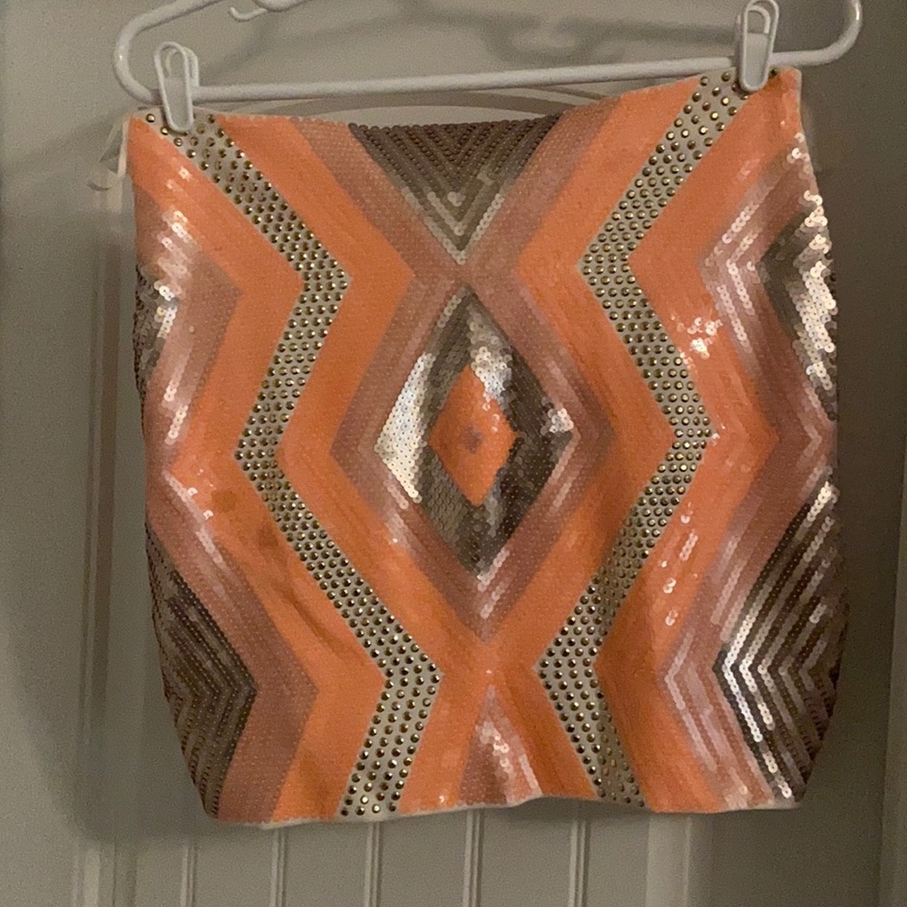 Peach gold white and silver sequence bebe mini skirt size L